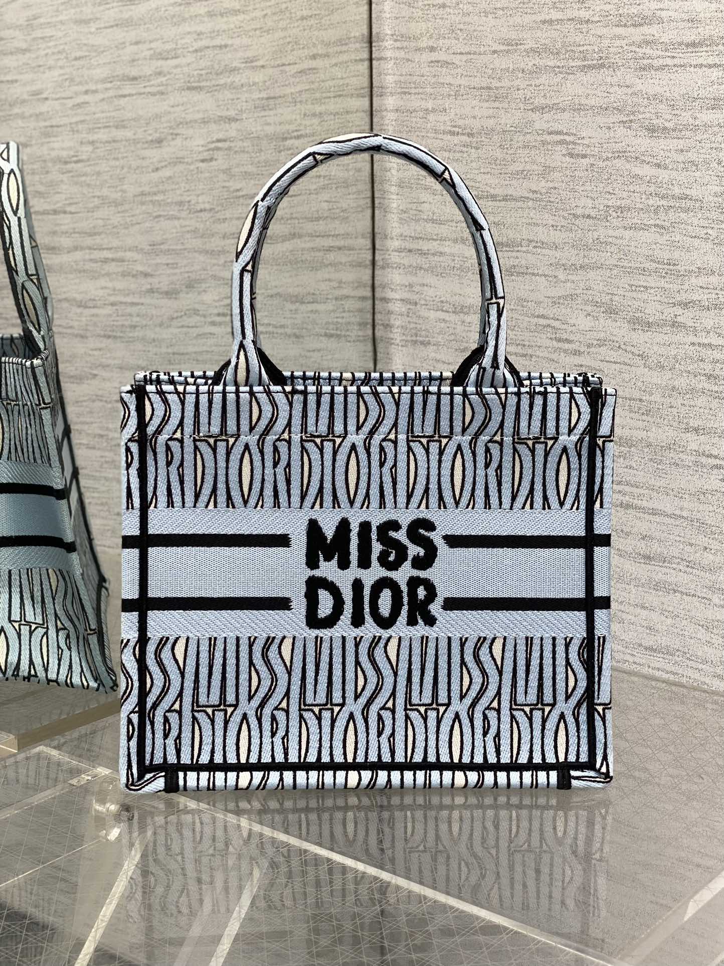 Small Dior Book Tote Bag Pale Blue and Black Miss Dior Allover Embroidery